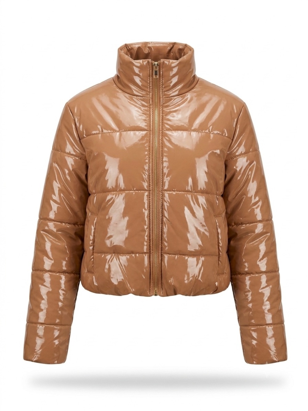 Women's Glossy Tan Cropped Puffer Jacket